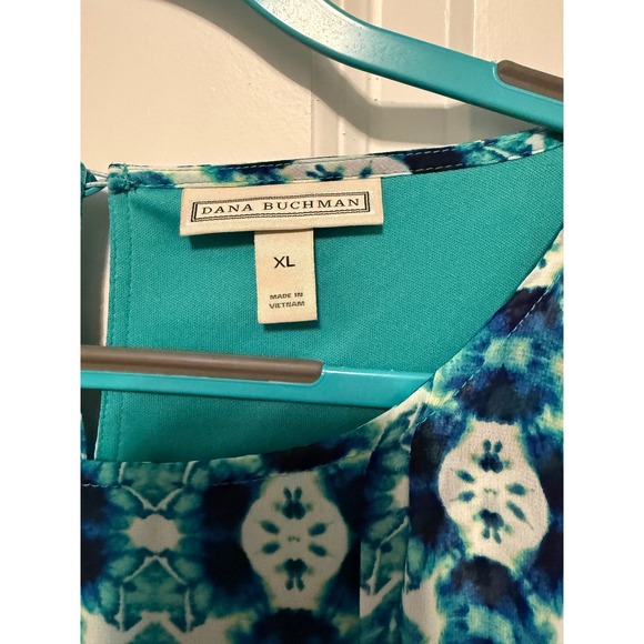 Dana Buchman Women's XL Teal Blue Geometric Print Sleeveless Ruffle Dress Lined - Picture 2 of 14